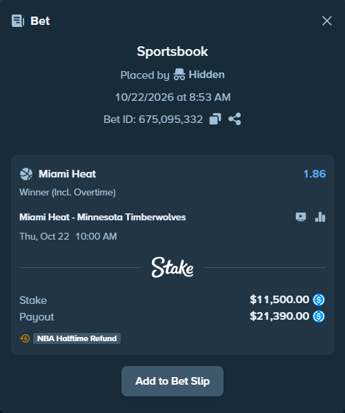 Bet slip: Miami Heat - Minnesota Timberwolves, $11,500.00 stake at 1.86 odds, placed by Rikkito