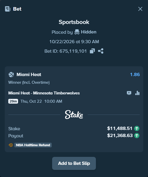 Bet slip: Miami Heat - Minnesota Timberwolves, $11,500.00 stake at 1.86 odds, placed by Karay100