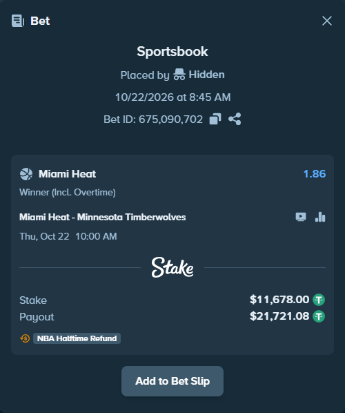 Bet slip: Miami Heat - Minnesota Timberwolves, $11,689.68 stake at 1.86 odds, placed by Krisriple