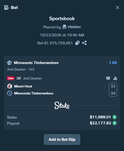 Bet slip: Miami Heat - Minnesota Timberwolves, $12,000.00 stake at 1.85 odds, placed by Zackocracko26