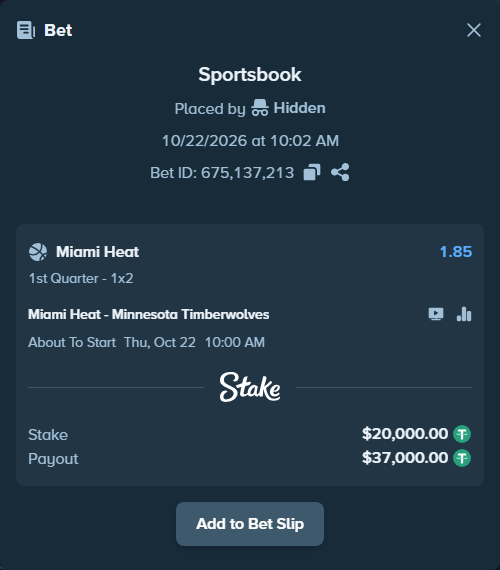 Bet slip: Miami Heat - Minnesota Timberwolves, $20,020.00 stake at 1.85 odds, placed by Amineelantari