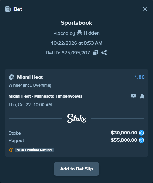 Bet slip: Miami Heat - Minnesota Timberwolves, $30,000.00 stake at 1.86 odds, placed by Daria212