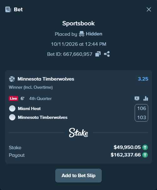 Bet slip: Miami Heat - Minnesota Timberwolves, $50,000.00 stake at 3.25 odds, placed by Hidden