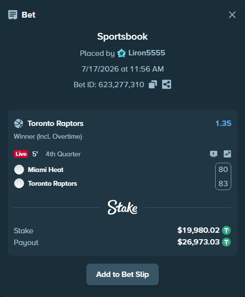 Bet slip: Miami Heat - Toronto Raptors, $20,000.00 stake at 1.35 odds, placed by Liron5555