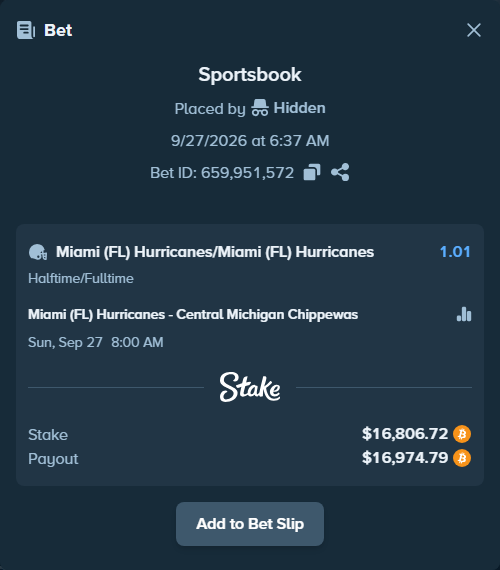 Bet slip: Miami Hurricanes - Central Michigan Chippewas, $16,894.60 stake at 1.01 odds, placed by megah29