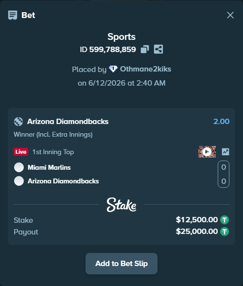 Bet slip: Miami Marlins - Arizona Diamondbacks, $12,512.50 stake at 2.00 odds, placed by Othmane2kiks