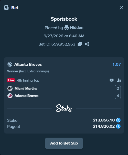 Bet slip: Miami Marlins - Atlanta Braves, $13,856.10 stake at 1.07 odds, placed by Hidden