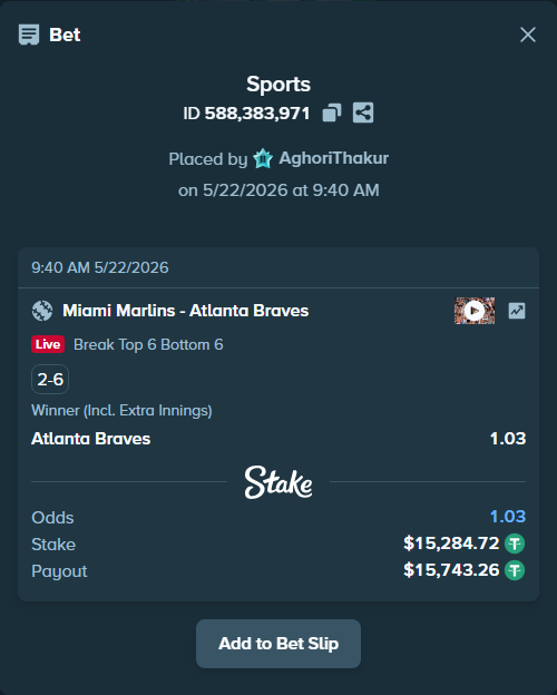 Bet slip: Miami Marlins - Atlanta Braves, $15,300.00 stake at 1.03 odds, placed by AghoriThakur