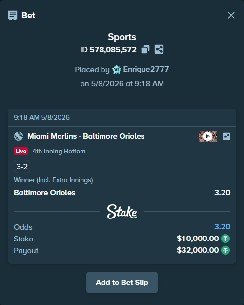 Bet slip: Miami Marlins - Baltimore Orioles, $10,000.00 stake at 3.20 odds, placed by Enrique2777