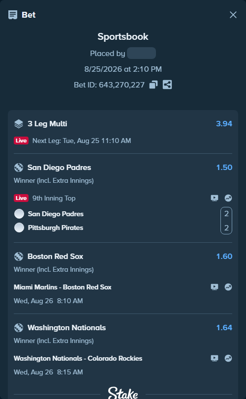 Bet slip: Miami Marlins - Boston Red Sox, $10,000.00 stake at 1.60 odds, placed by adamissa529