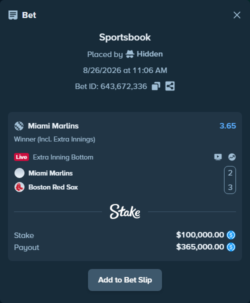 Bet slip: Miami Marlins - Boston Red Sox, $100,000.00 stake at 3.65 odds, placed by Hidden
