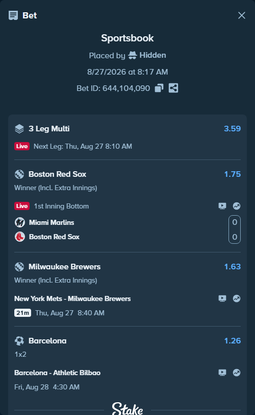 Bet slip: Miami Marlins - Boston Red Sox, $18,000.00 stake at 1.75 odds, placed by Hidden