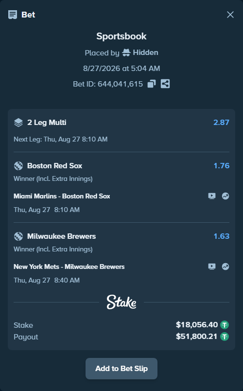 Bet slip: Miami Marlins - Boston Red Sox, $18,056.40 stake at 1.76 odds, placed by Hidden