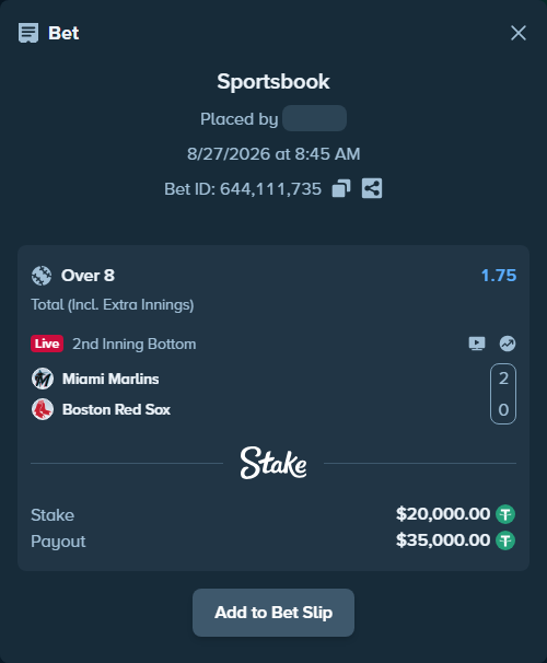 Bet slip: Miami Marlins - Boston Red Sox, $20,000.00 stake at 1.75 odds, placed by dvento