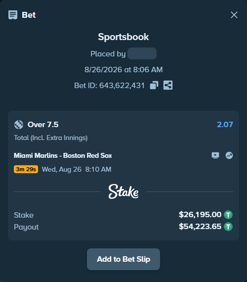 Bet slip: Miami Marlins - Boston Red Sox, $26,195.00 stake at 2.07 odds, placed by artur58500