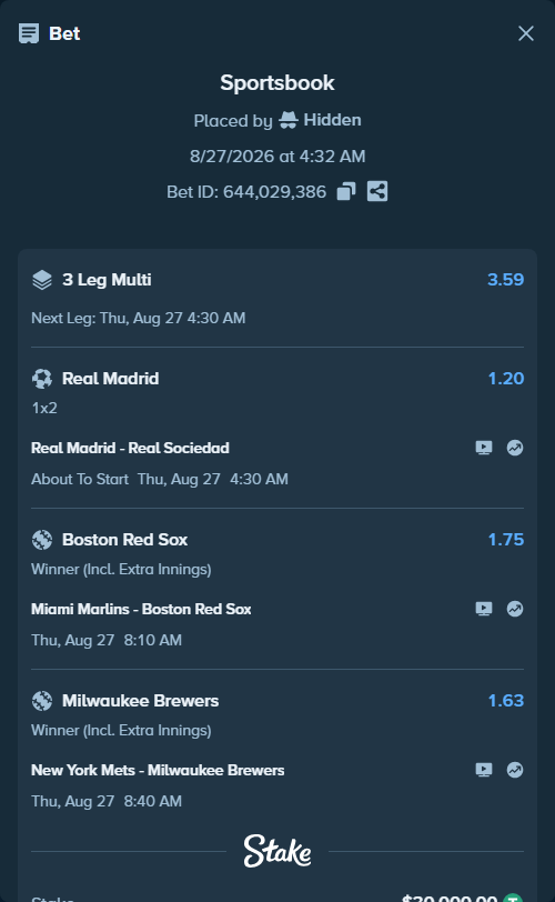 Bet slip: Miami Marlins - Boston Red Sox, $30,000.00 stake at 1.75 odds, placed by Hidden