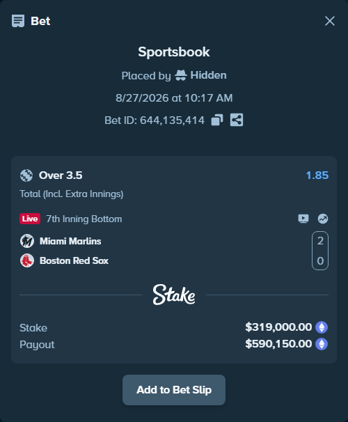 Bet slip: Miami Marlins - Boston Red Sox, $319,759.64 stake at 1.85 odds, placed by Hidden