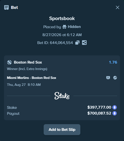 Bet slip: Miami Marlins - Boston Red Sox, $402,097.20 stake at 1.76 odds, placed by Hidden