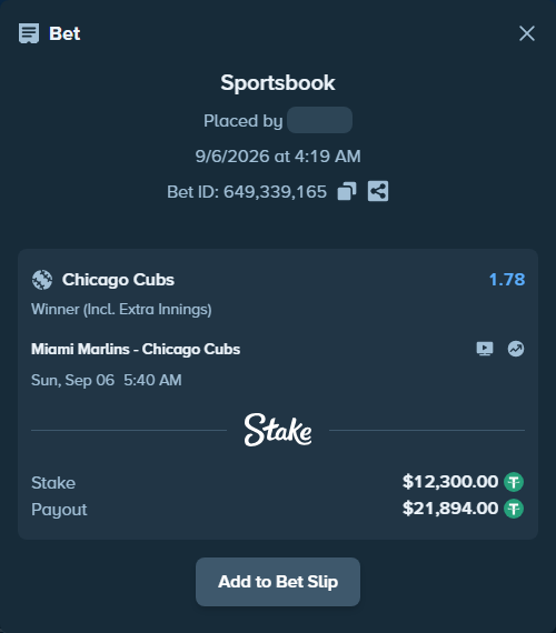 Bet slip: Miami Marlins - Chicago Cubs, $12,298.77 stake at 1.78 odds, placed by buscaut