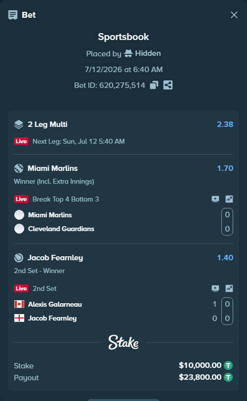Bet slip: Miami Marlins - Cleveland Guardians, $10,010.00 stake at 1.70 odds, placed by Hidden