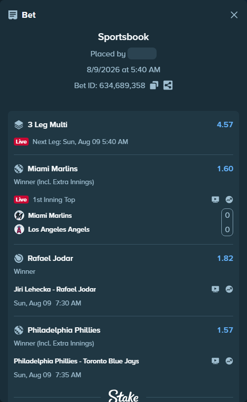 Bet slip: Miami Marlins - Los Angeles Angels, $12,000.00 stake at 1.60 odds, placed by CosmicSignal39