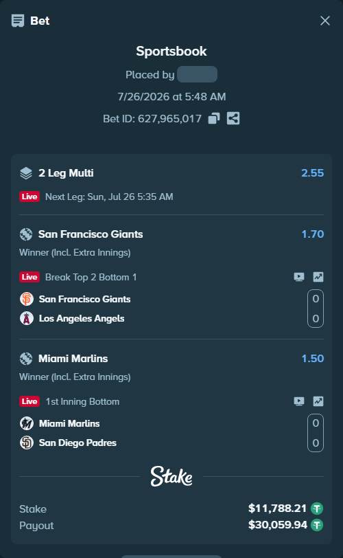 Bet slip: Miami Marlins - San Diego Padres, $11,800.00 stake at 1.50 odds, placed by VadimKotlyar