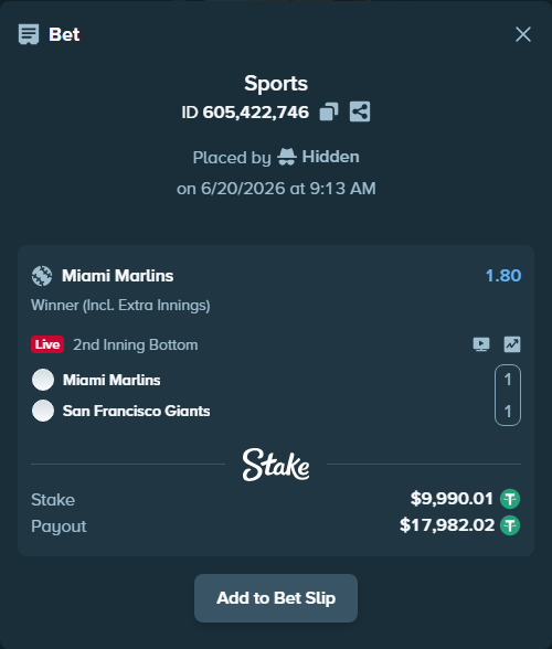 Bet slip: Miami Marlins - San Francisco Giants, $10,000.00 stake at 1.80 odds, placed by Hidden