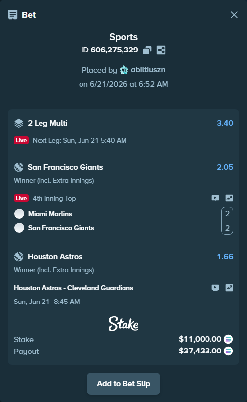 Bet slip: Miami Marlins - San Francisco Giants, $11,103.25 stake at 2.05 odds, placed by abiltiuszn