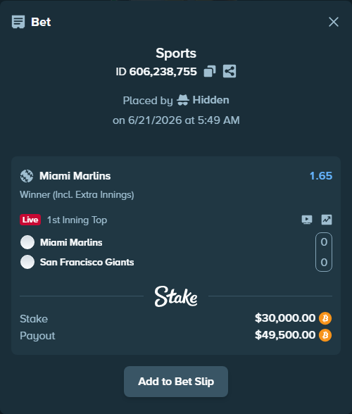 Bet slip: Miami Marlins - San Francisco Giants, $27,924.45 stake at 1.65 odds, placed by Hidden