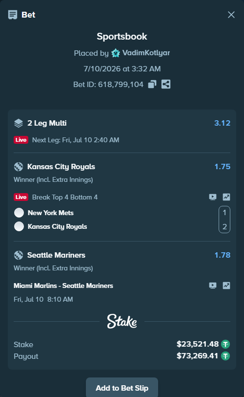Bet slip: Miami Marlins - Seattle Mariners, $23,545.00 stake at 1.78 odds, placed by VadimKotlyar