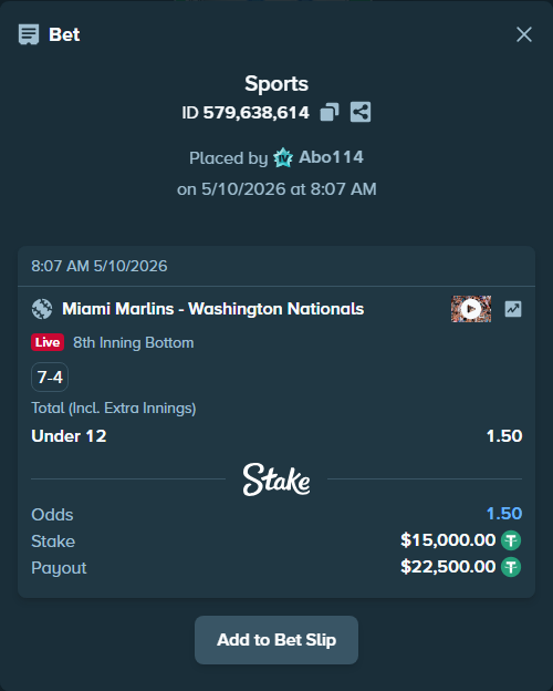 Bet slip: Miami Marlins - Washington Nationals, $15,000.00 stake at 1.50 odds, placed by Abo114