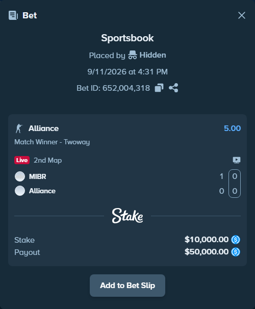 Bet slip: MIBR - Alliance, $10,000.00 stake at 5.00 odds, placed by Hidden