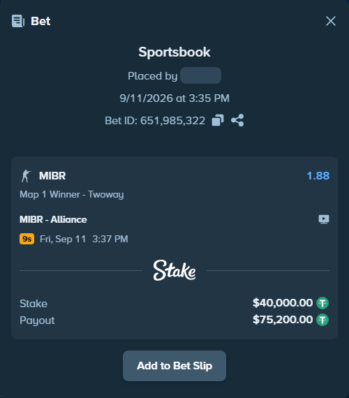 Bet slip: MIBR - Alliance, $40,000.00 stake at 1.88 odds, placed by fantasy7788