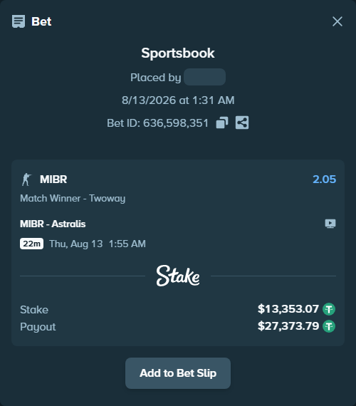 Bet slip: MIBR - Astralis, $13,366.42 stake at 2.05 odds, placed by antoniku