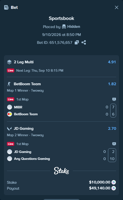 Bet slip: MIBR - BetBoom Team, $9,821.80 stake at 1.82 odds, placed by Hidden