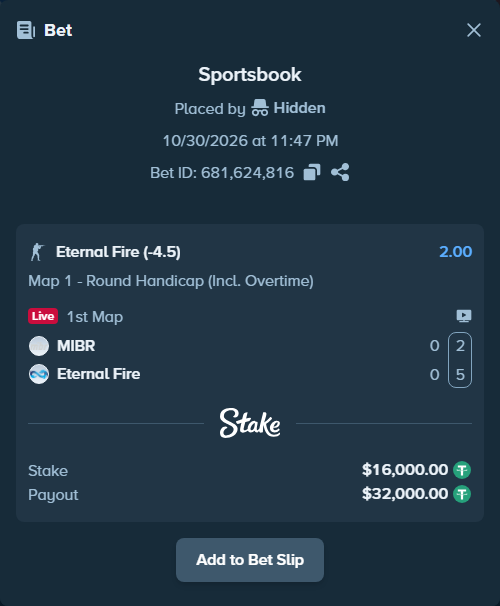 Bet slip: MIBR - Eternal Fire, $16,016.00 stake at 2.00 odds, placed by Hidden