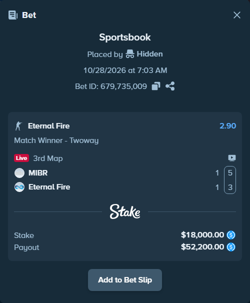 Bet slip: MIBR - Eternal Fire, $18,000.00 stake at 2.90 odds, placed by Hidden