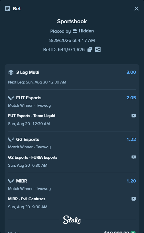 Bet slip: MIBR - Evil Geniuses, $10,000.00 stake at 1.20 odds, placed by Hidden