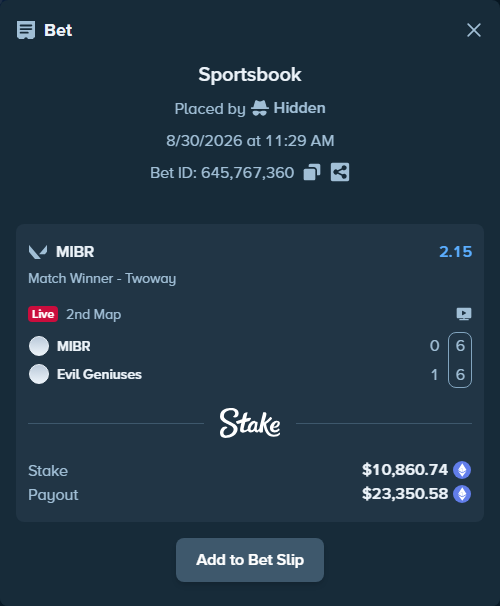 Bet slip: MIBR - Evil Geniuses, $10,854.15 stake at 2.15 odds, placed by Hidden