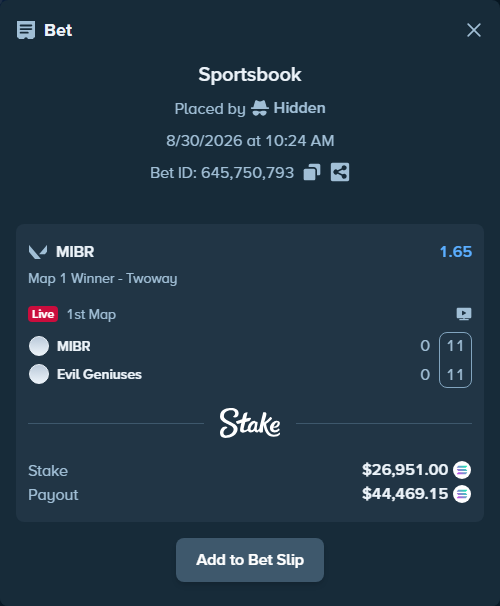 Bet slip: MIBR - Evil Geniuses, $26,899.97 stake at 1.65 odds, placed by Hidden