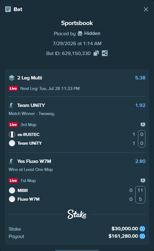 Bet slip: MIBR - Fluxo W7M, $30,000.00 stake at 2.80 odds, placed by Hidden