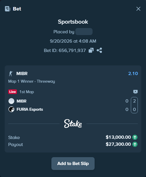 Bet slip: MIBR - FURIA Esports, $13,000.00 stake at 2.10 odds, placed by saszakoncza