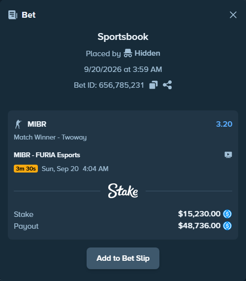 Bet slip: MIBR - FURIA Esports, $15,230.00 stake at 3.20 odds, placed by Hidden