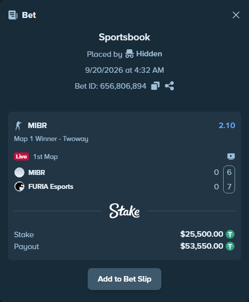 Bet slip: MIBR - FURIA Esports, $25,500.00 stake at 2.10 odds, placed by Hidden