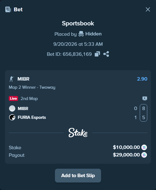 Bet slip: MIBR - FURIA Esports, $9,950.06 stake at 2.90 odds, placed by Hidden