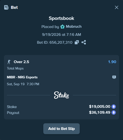 Bet slip: MIBR - NRG Esports, $18,653.41 stake at 1.90 odds, placed by Mabruch