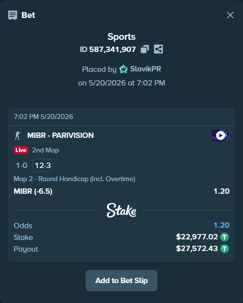 Bet slip: MIBR - PARIVISION, $23,000.00 stake at 1.20 odds, placed by SlavikPR