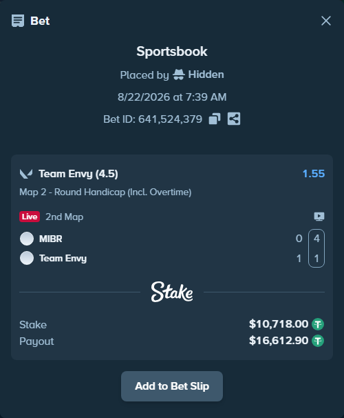 Bet slip: MIBR - Team Envy, $10,718.00 stake at 1.55 odds, placed by Hidden