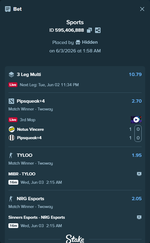 Bet slip: MIBR - TYLOO, $10,010.00 stake at 1.95 odds, placed by Hidden