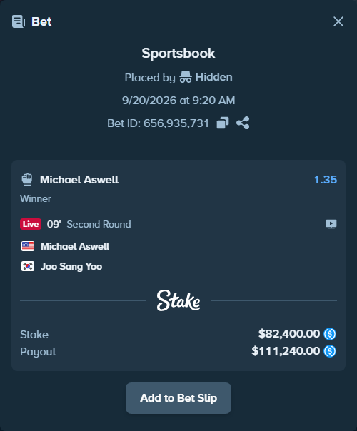 Bet slip: Michael Aswell - Joo Sang Yoo, $82,400.00 stake at 1.35 odds, placed by Hidden